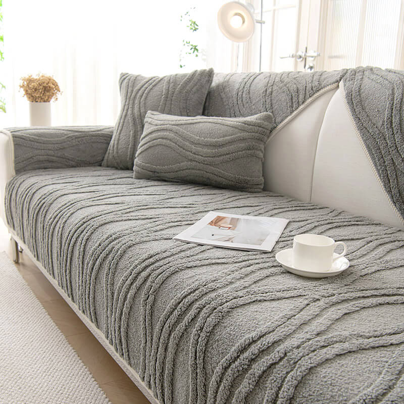 Elegant Grey Textured Non-Slip Thick Plush Couch Cover - Image 2