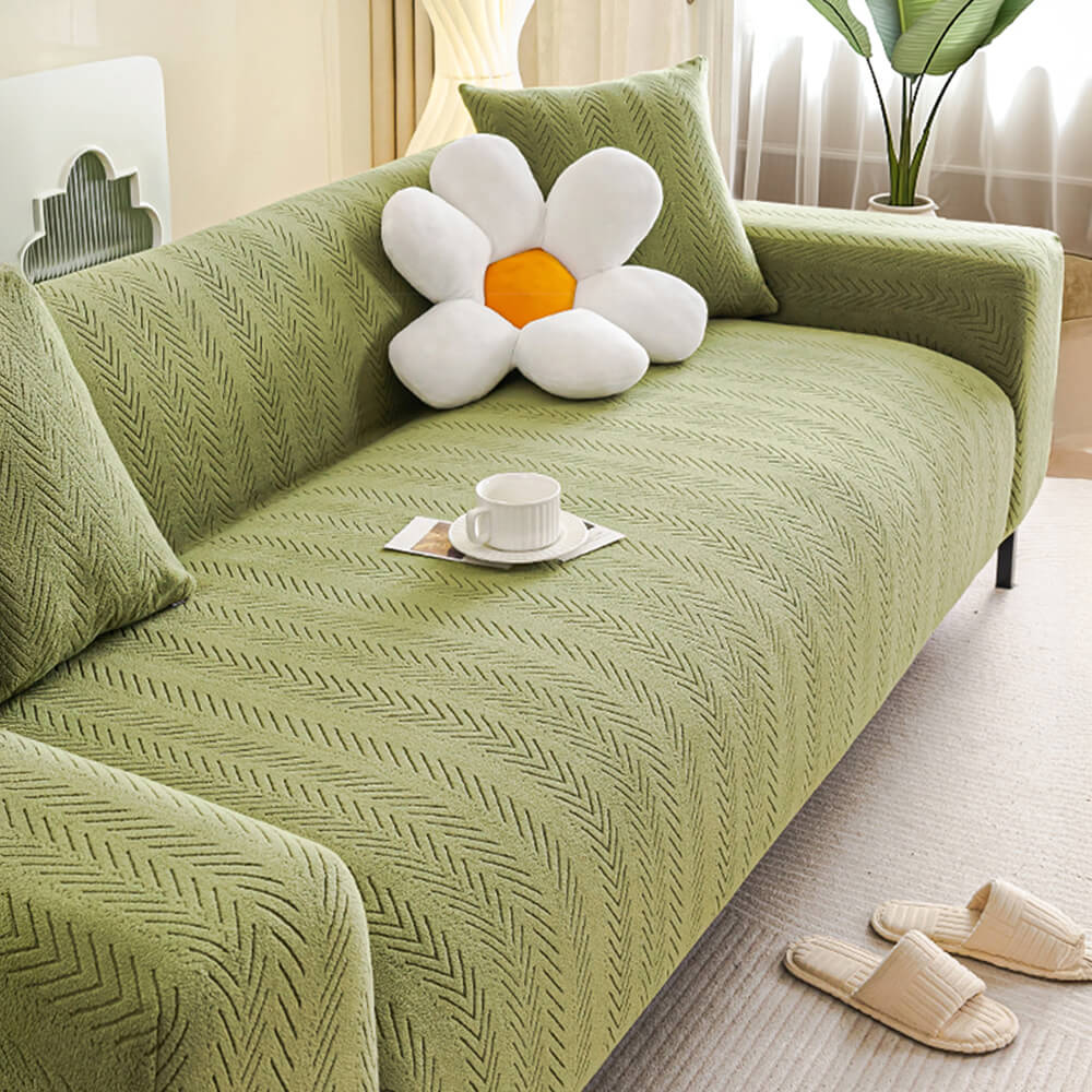 Elegant Herringbone Cream Aesthetic Stretch Magic Couch Cover - Image 10