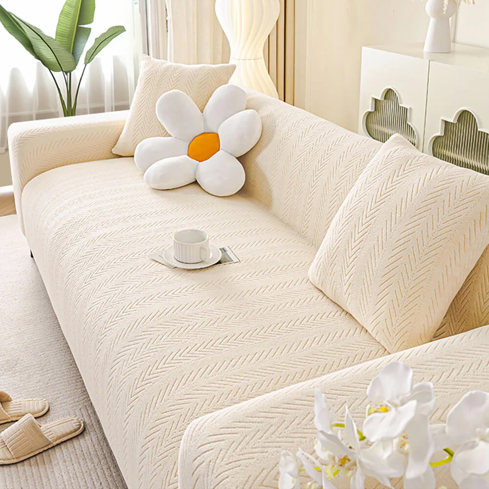 Elegant Herringbone Cream Aesthetic Stretch Magic Couch Cover - Image 5