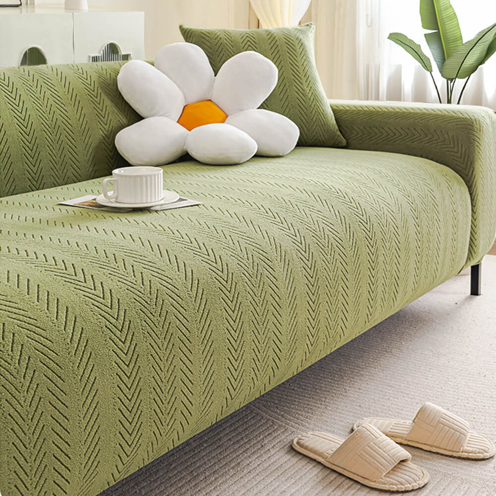 Elegant Herringbone Cream Aesthetic Stretch Magic Couch Cover - Image 6