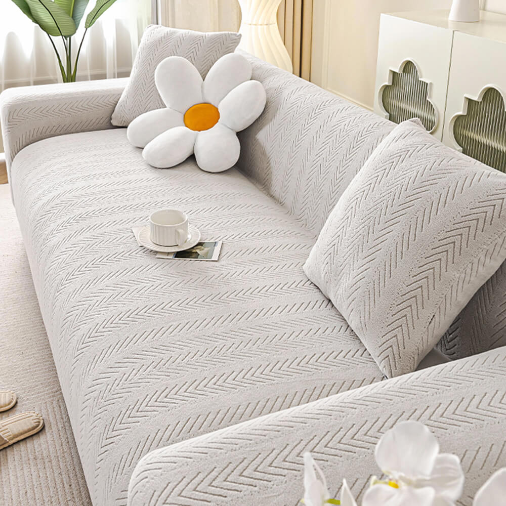 Elegant Herringbone Cream Aesthetic Stretch Magic Couch Cover - Image 8