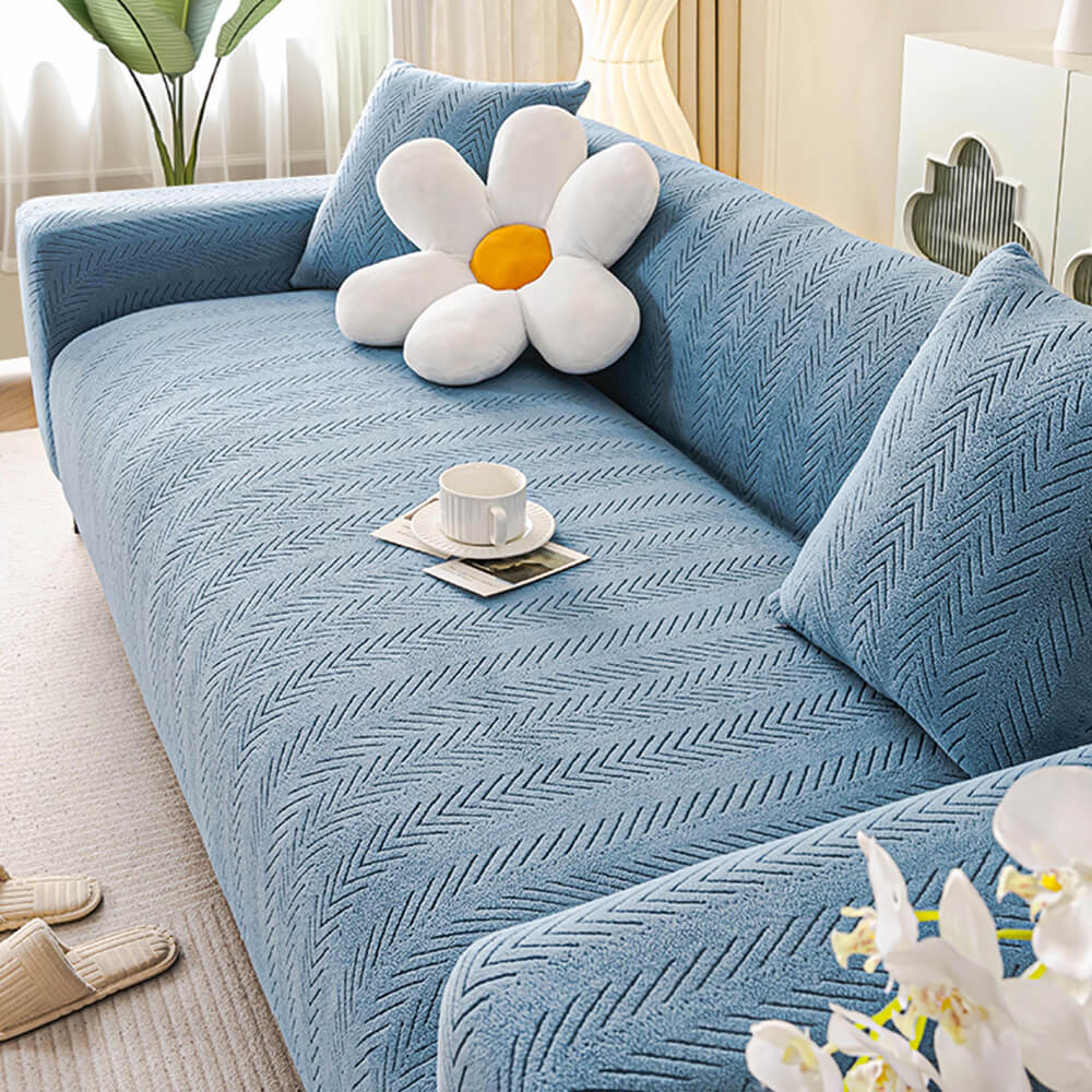 Elegant Herringbone Cream Aesthetic Stretch Magic Couch Cover - Image 9