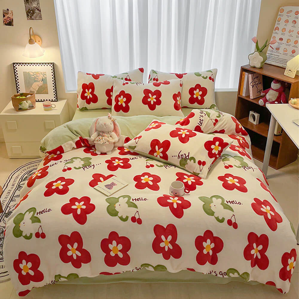 Fashion Floral Print Milk Velvet Comfort Anti-Static Bed Sheet Set - Image 20
