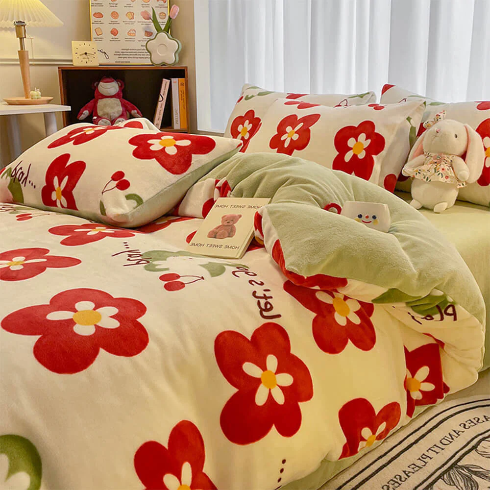Fashion Floral Print Milk Velvet Comfort Anti-Static Bed Sheet Set - Image 9