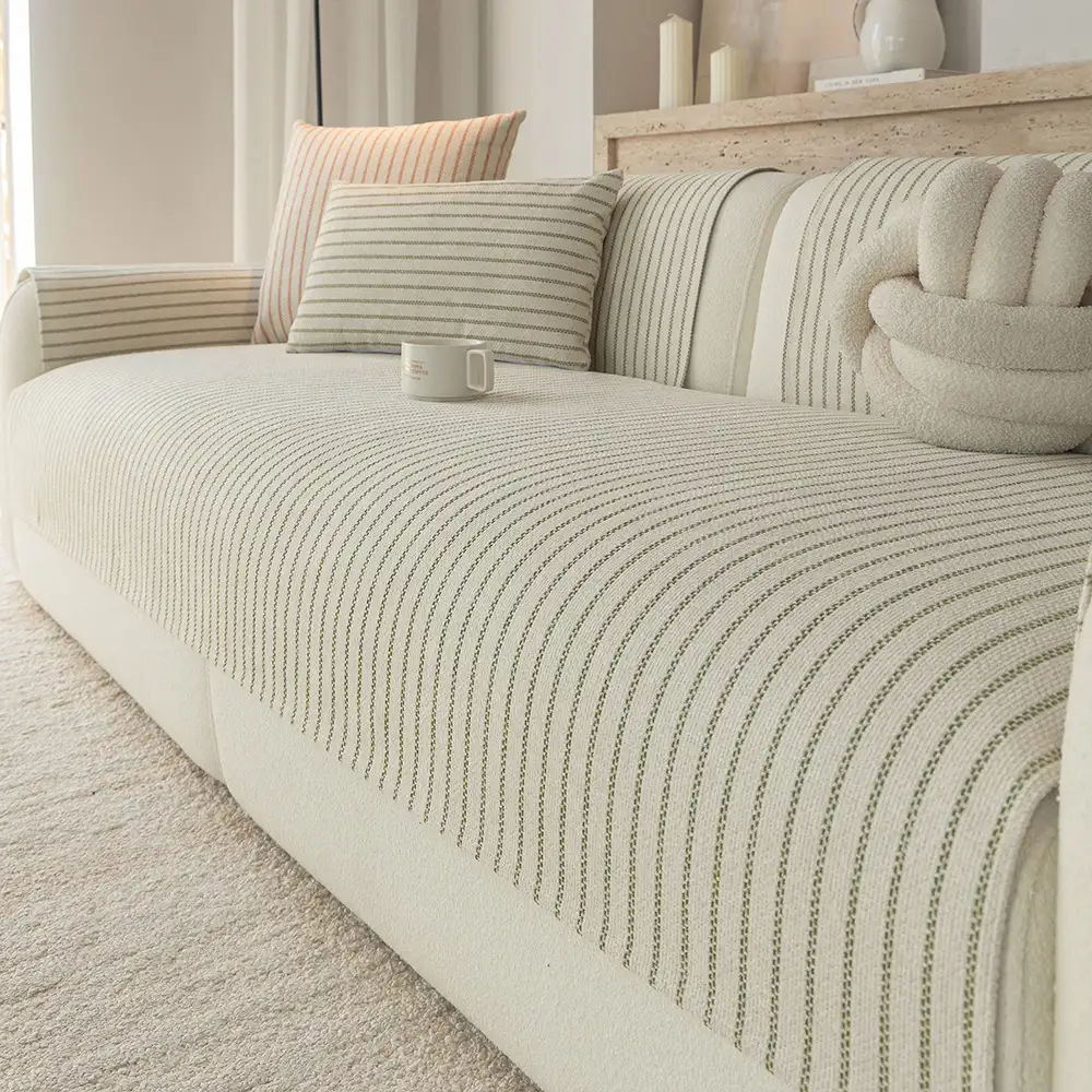 Faux Cotton-Linen Chenille Striped Breathable Scratch-Resistant Couch Cover - Image 11