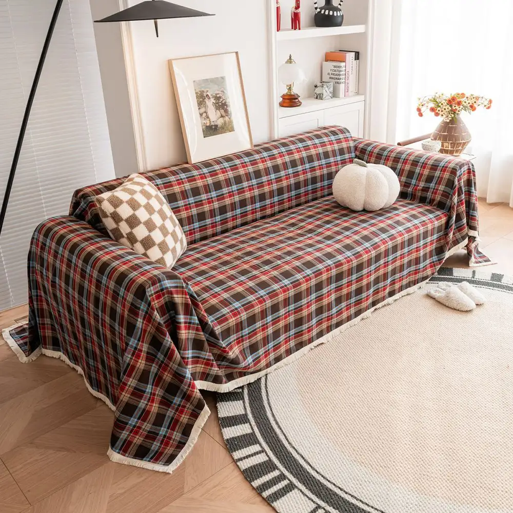 Festive Plaid Color Block Sofa Decoration Couch Cover - Image 12