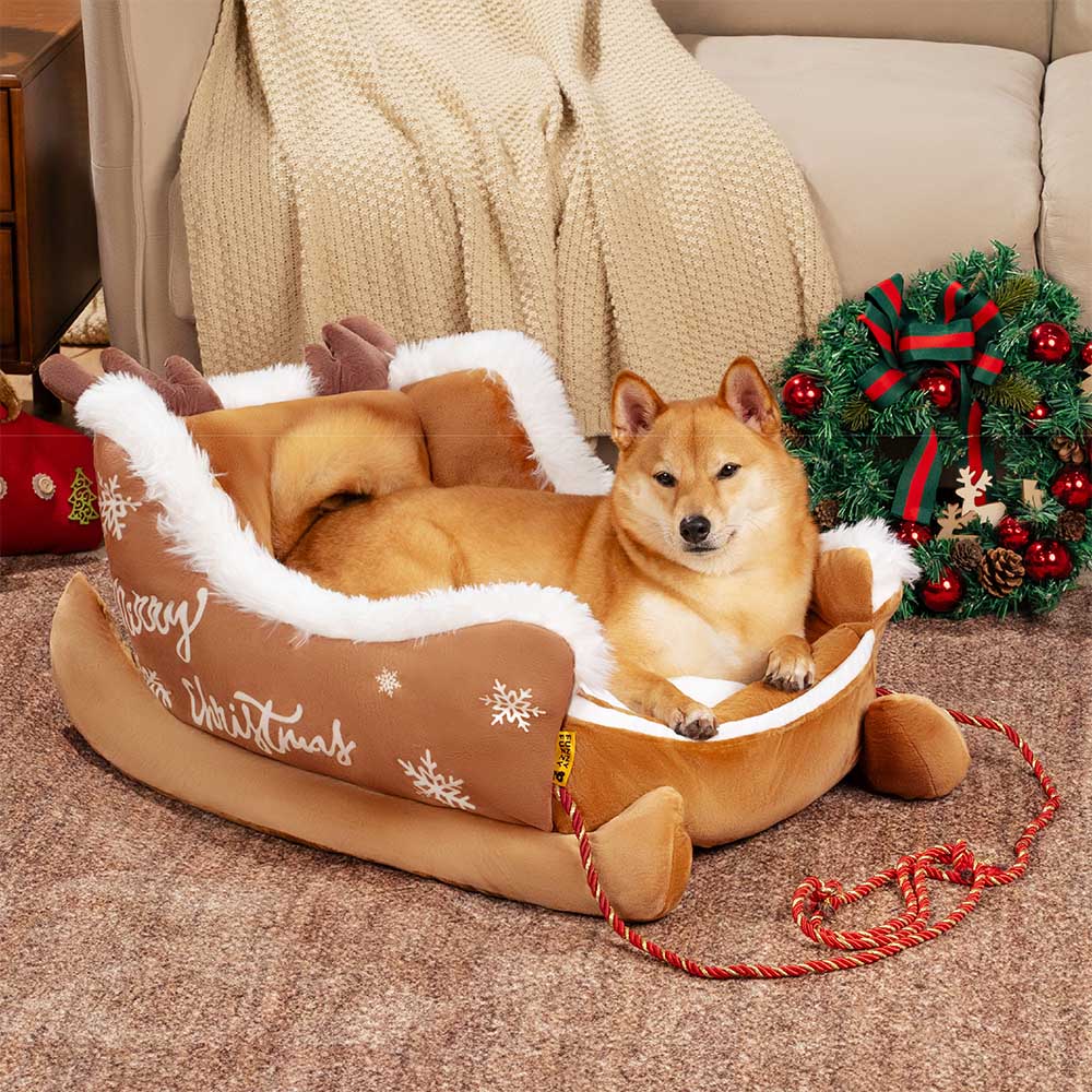 Festive Plush Cosy Dog Bed - Christmas Sleigh - Image 3