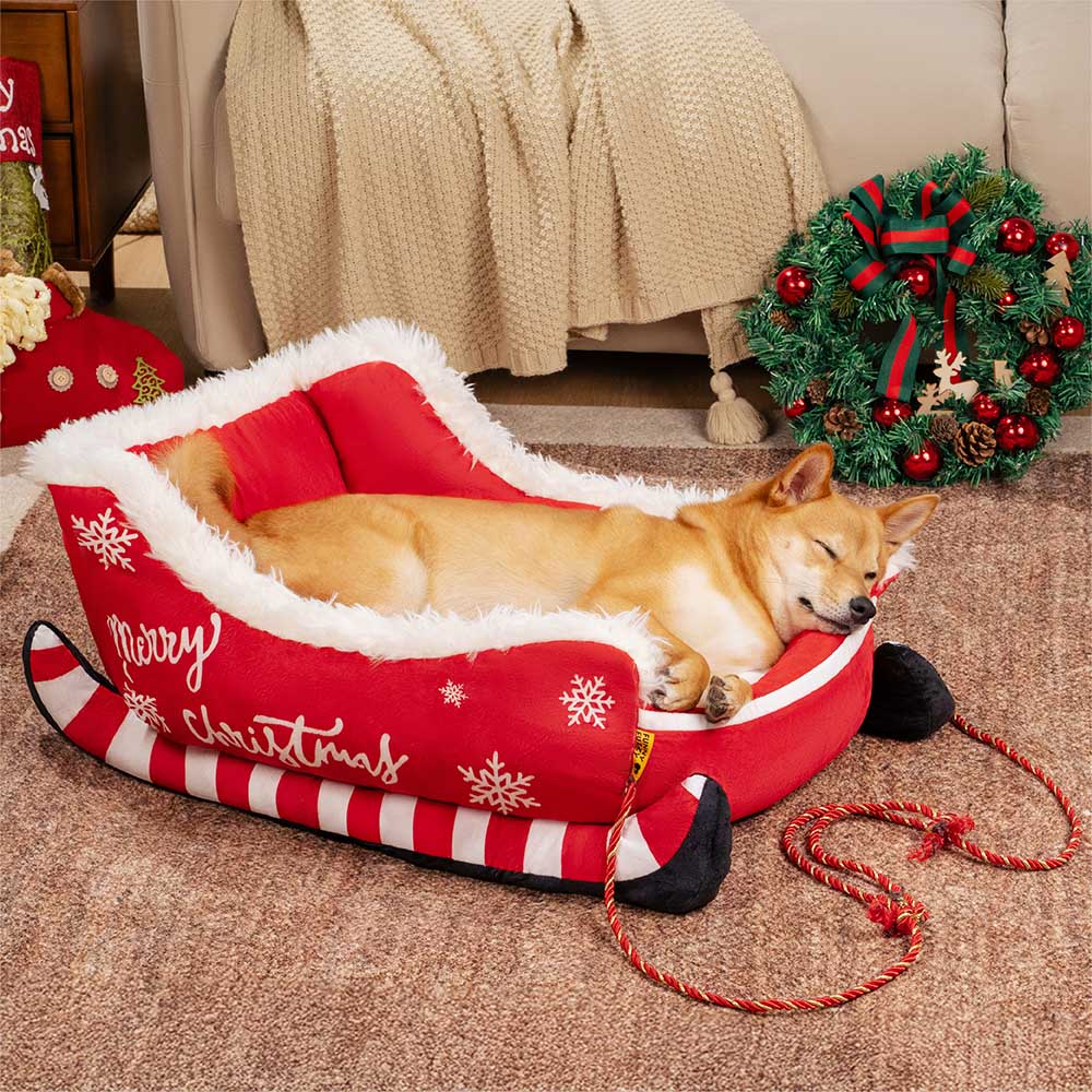 Festive Plush Cosy Dog Bed - Christmas Sleigh - Image 6