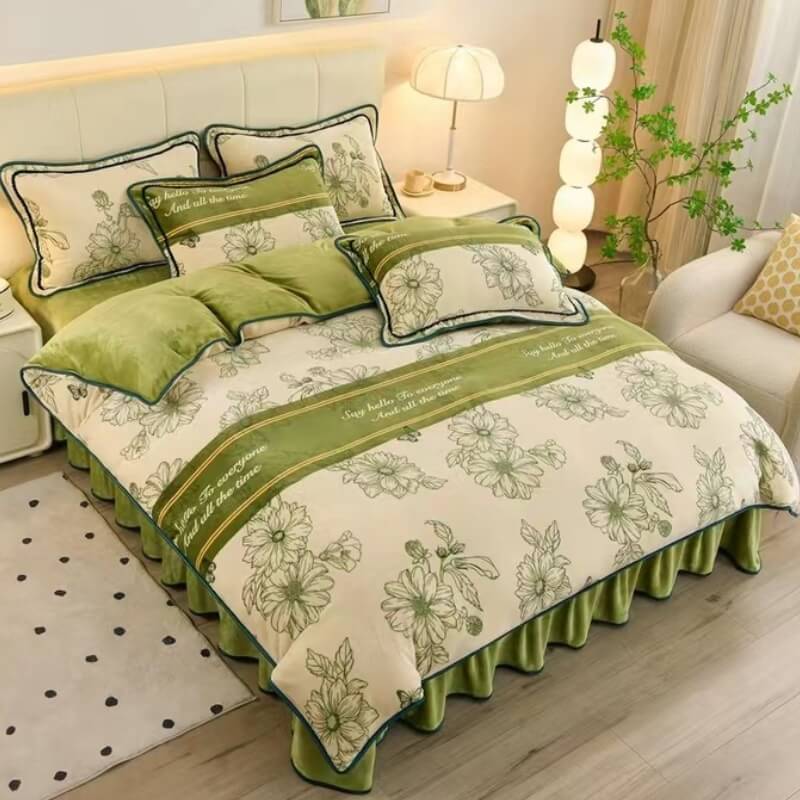 Floral Elegance Milk Velvet Bed Sheet Set with Bed Skirt - Image 2