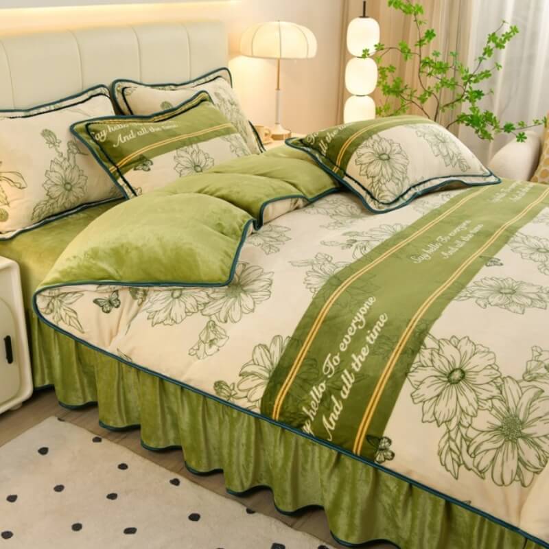 Floral Elegance Milk Velvet Bed Sheet Set with Bed Skirt - Image 3