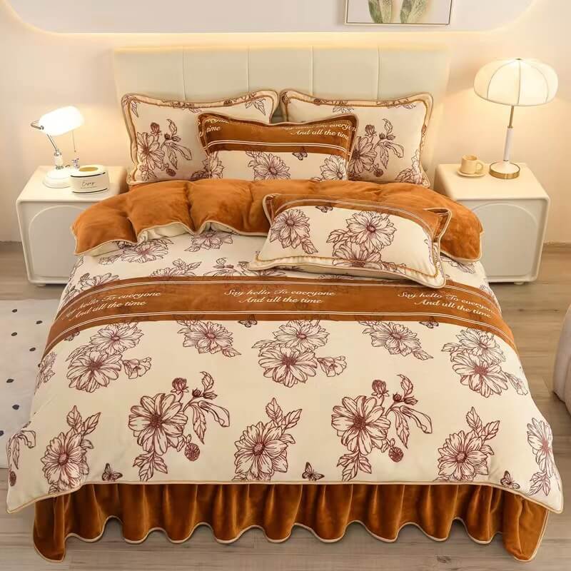 Floral Elegance Milk Velvet Bed Sheet Set with Bed Skirt - Image 5