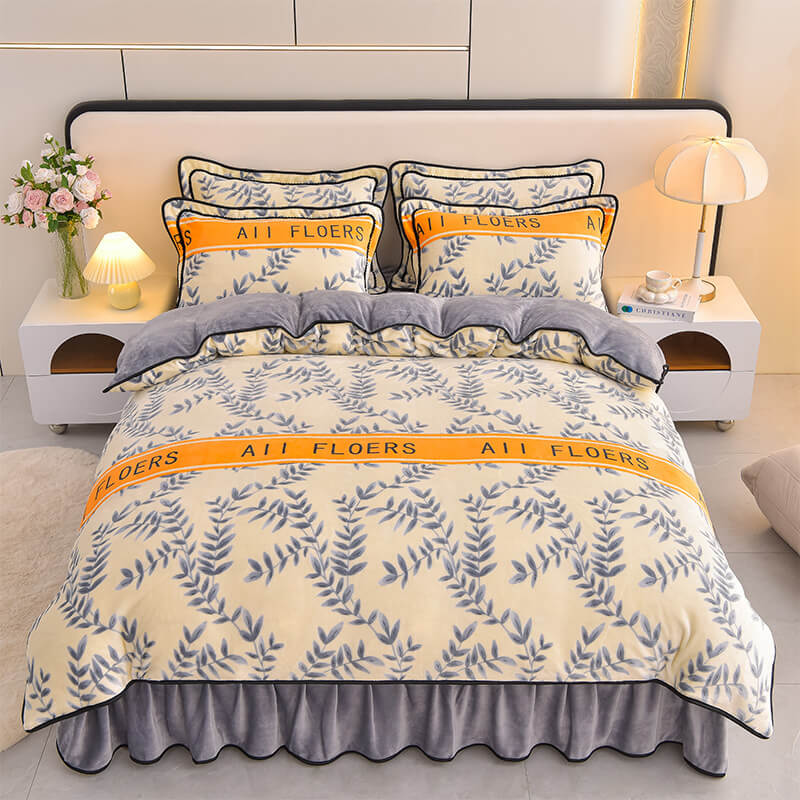Floral Elegance Milk Velvet Bed Sheet Set with Bed Skirt - Image 7