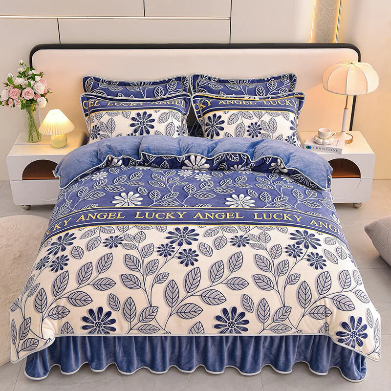 Floral Elegance Milk Velvet Bed Sheet Set with Bed Skirt - Image 8