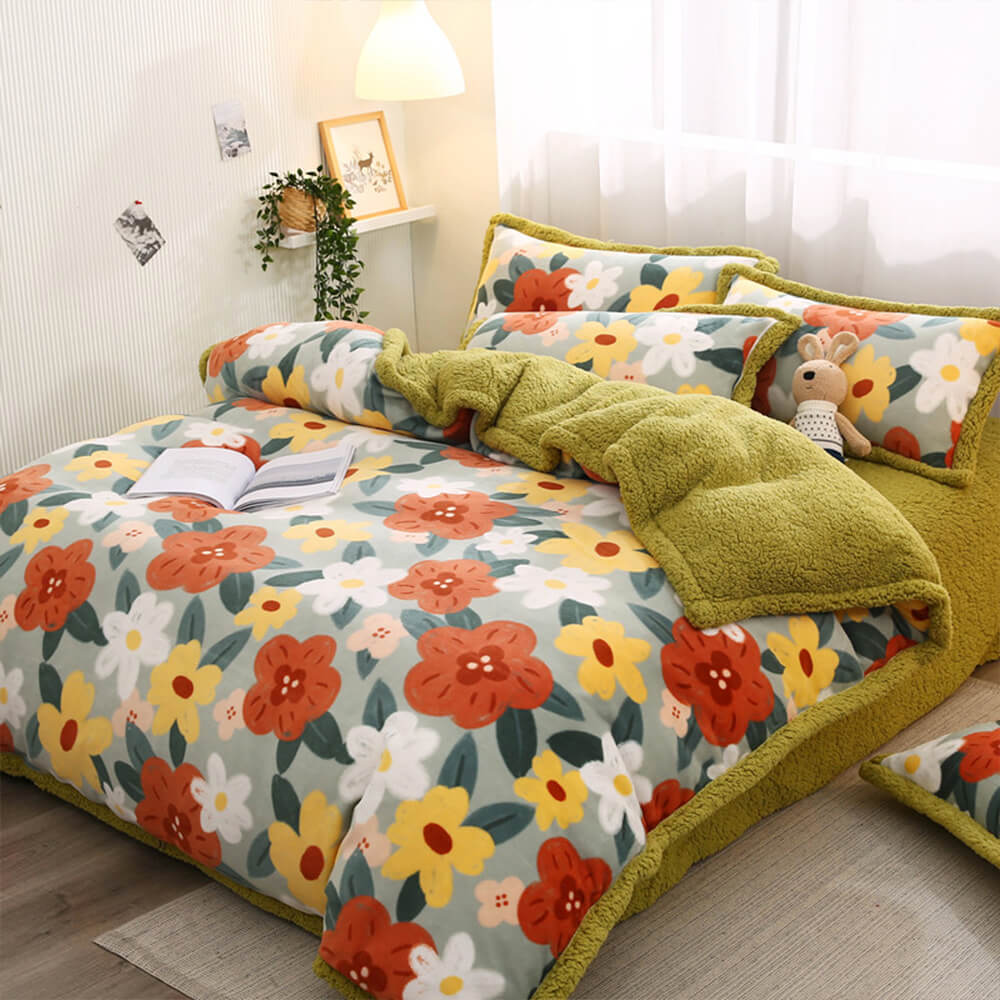 Floral Print Milk Velvet & Sherpa Double-Sided Bed Sheet Set - Image 10