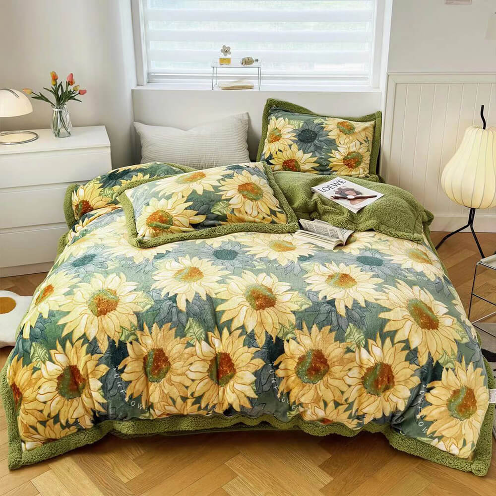 Floral Print Milk Velvet & Sherpa Double-Sided Bed Sheet Set - Image 13