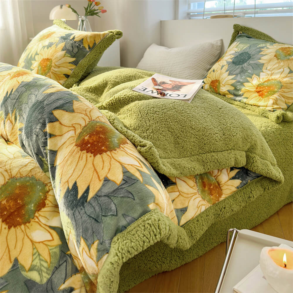 Floral Print Milk Velvet & Sherpa Double-Sided Bed Sheet Set - Image 2