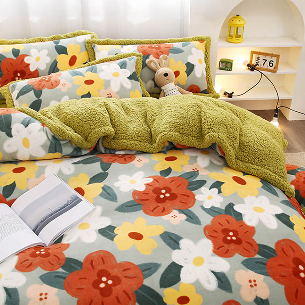 Floral Print Milk Velvet & Sherpa Double-Sided Bed Sheet Set - Image 3