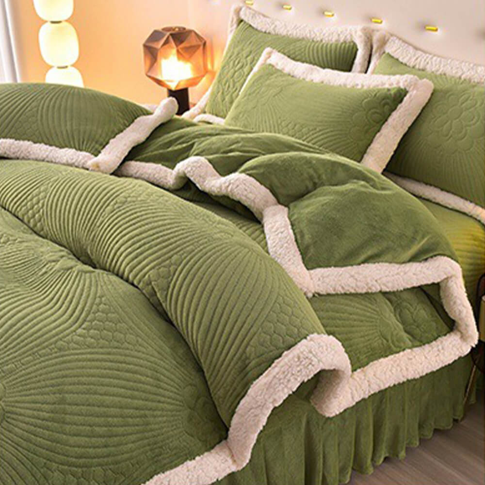 Floral Quilted Cosy Thickened Milk Fleece Bed Skirt Set - Image 10