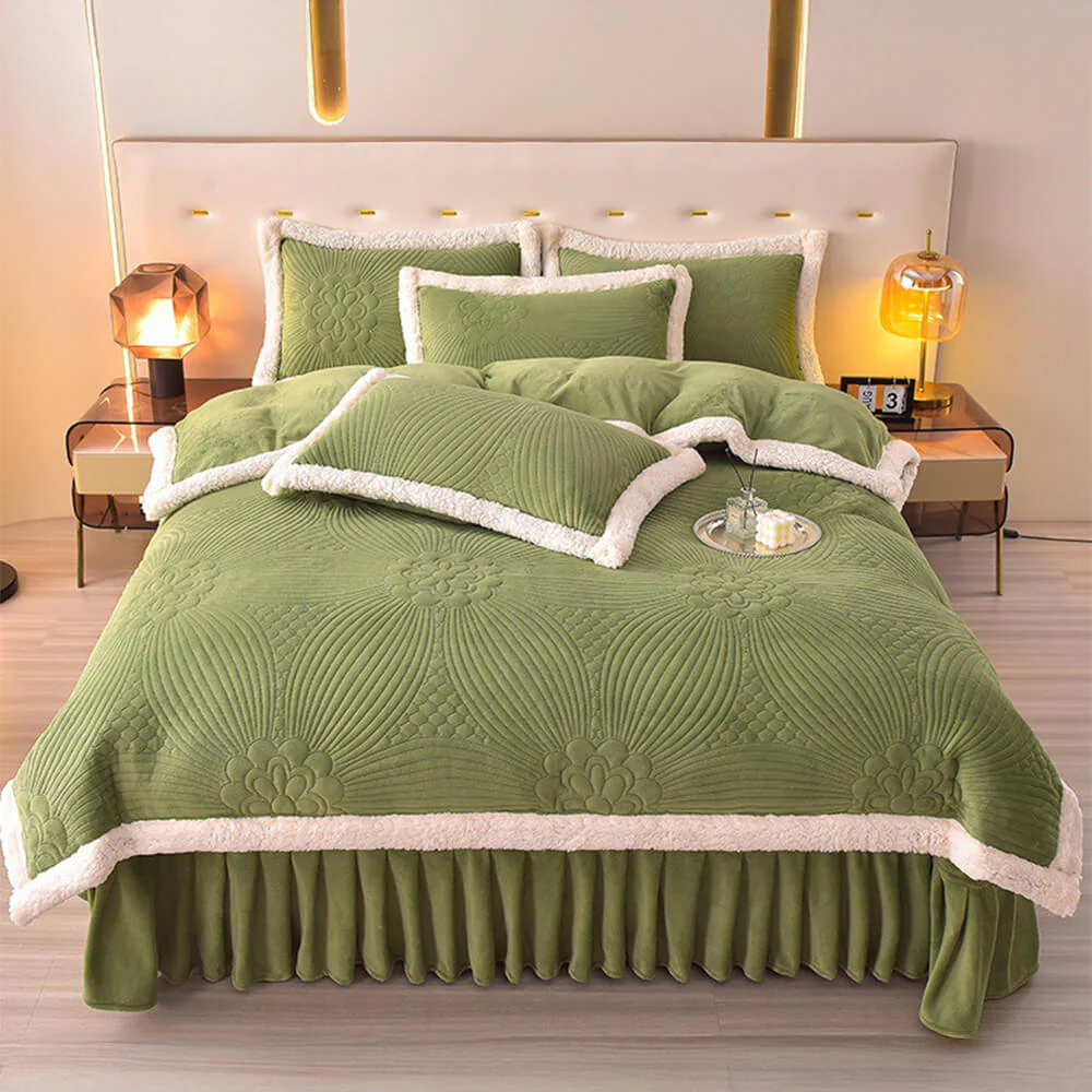 Floral Quilted Cosy Thickened Milk Fleece Bed Skirt Set - Image 12