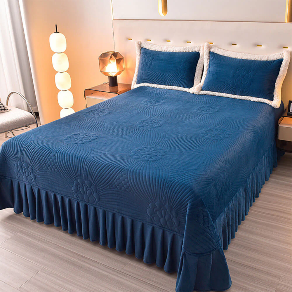Floral Quilted Cosy Thickened Milk Fleece Bed Skirt Set - Image 13