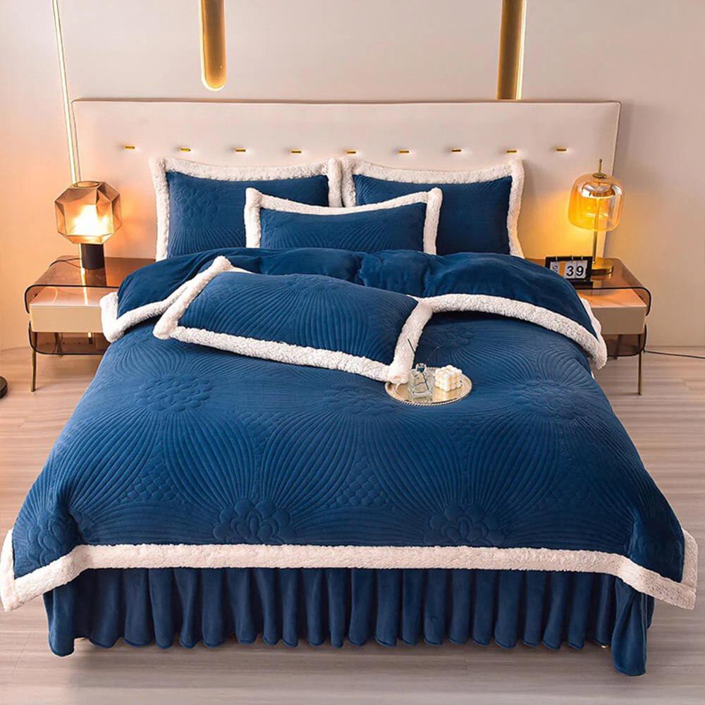 Floral Quilted Cosy Thickened Milk Fleece Bed Skirt Set - Image 14