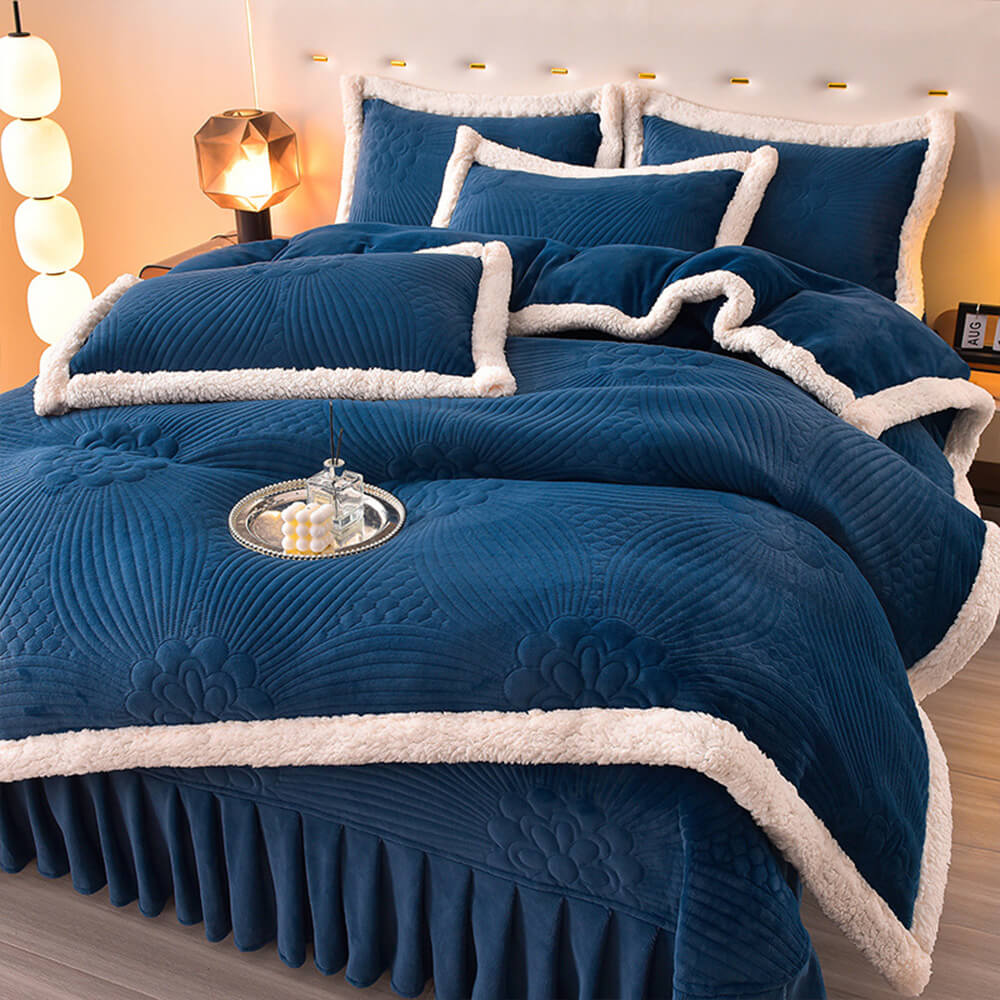 Floral Quilted Cosy Thickened Milk Fleece Bed Skirt Set - Image 17