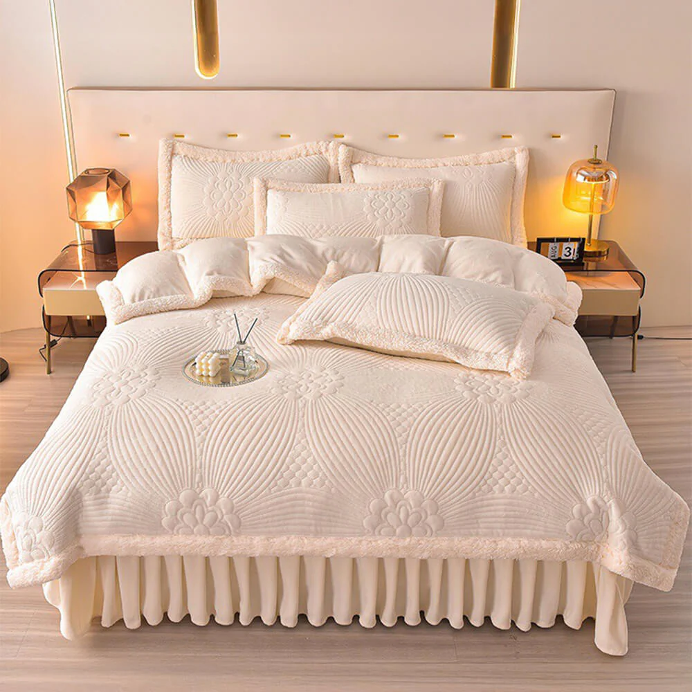 Floral Quilted Cosy Thickened Milk Fleece Bed Skirt Set - Image 18
