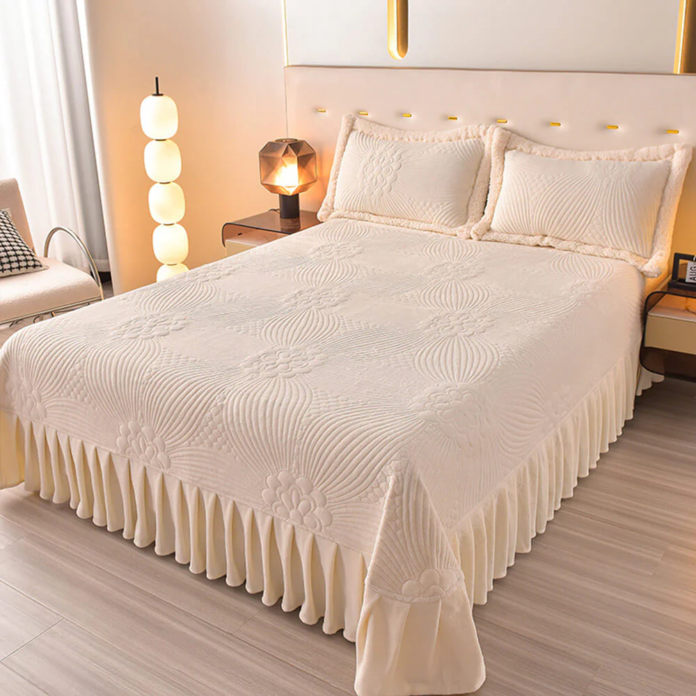 Floral Quilted Cosy Thickened Milk Fleece Bed Skirt Set - Image 19