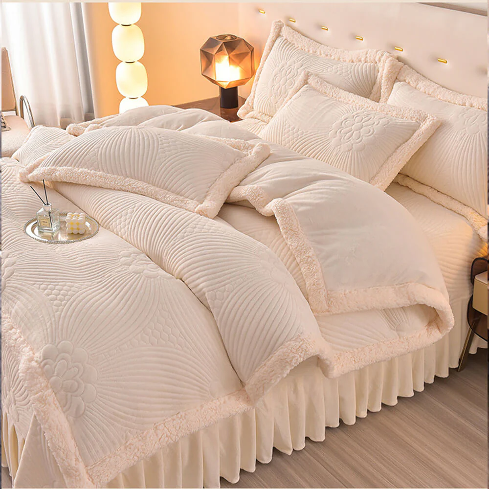 Floral Quilted Cosy Thickened Milk Fleece Bed Skirt Set - Image 20