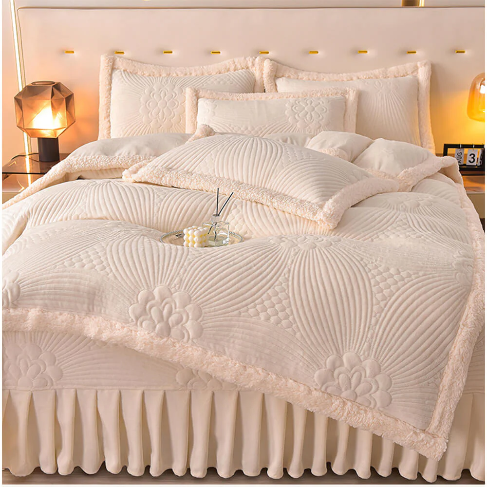 Floral Quilted Cosy Thickened Milk Fleece Bed Skirt Set - Image 21