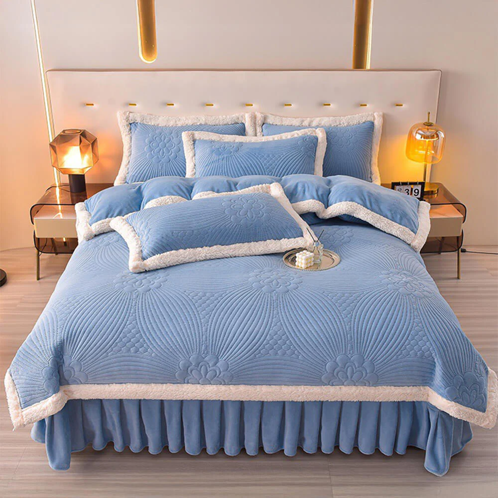 Floral Quilted Cosy Thickened Milk Fleece Bed Skirt Set - Image 23
