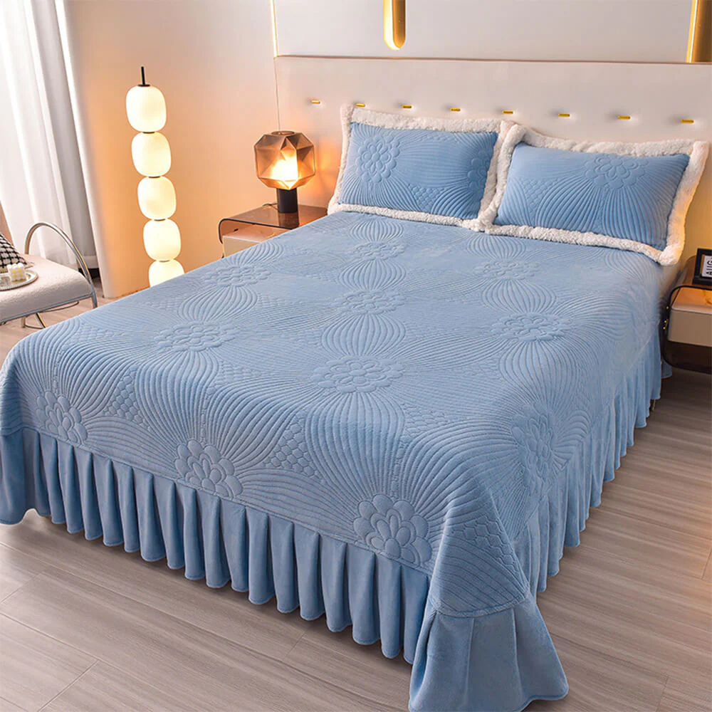 Floral Quilted Cosy Thickened Milk Fleece Bed Skirt Set - Image 24