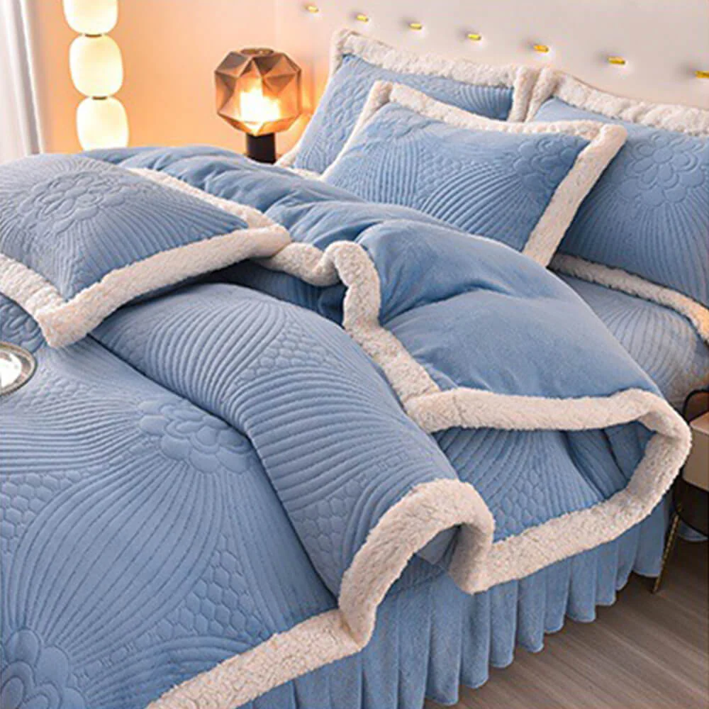 Floral Quilted Cosy Thickened Milk Fleece Bed Skirt Set - Image 25