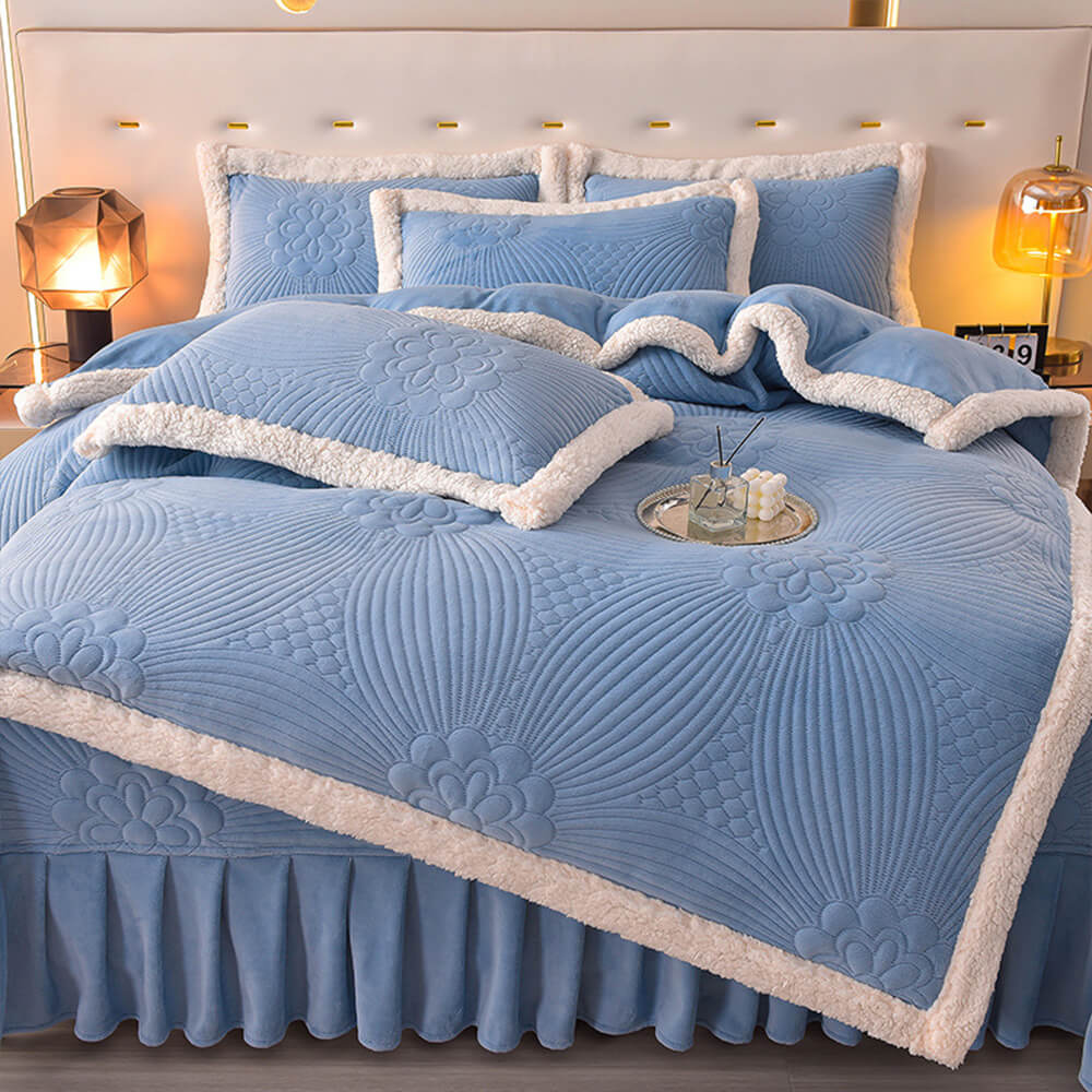 Floral Quilted Cosy Thickened Milk Fleece Bed Skirt Set - Image 26