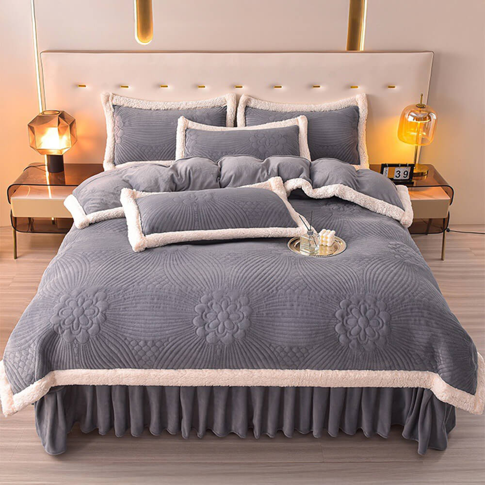 Floral Quilted Cosy Thickened Milk Fleece Bed Skirt Set - Image 28