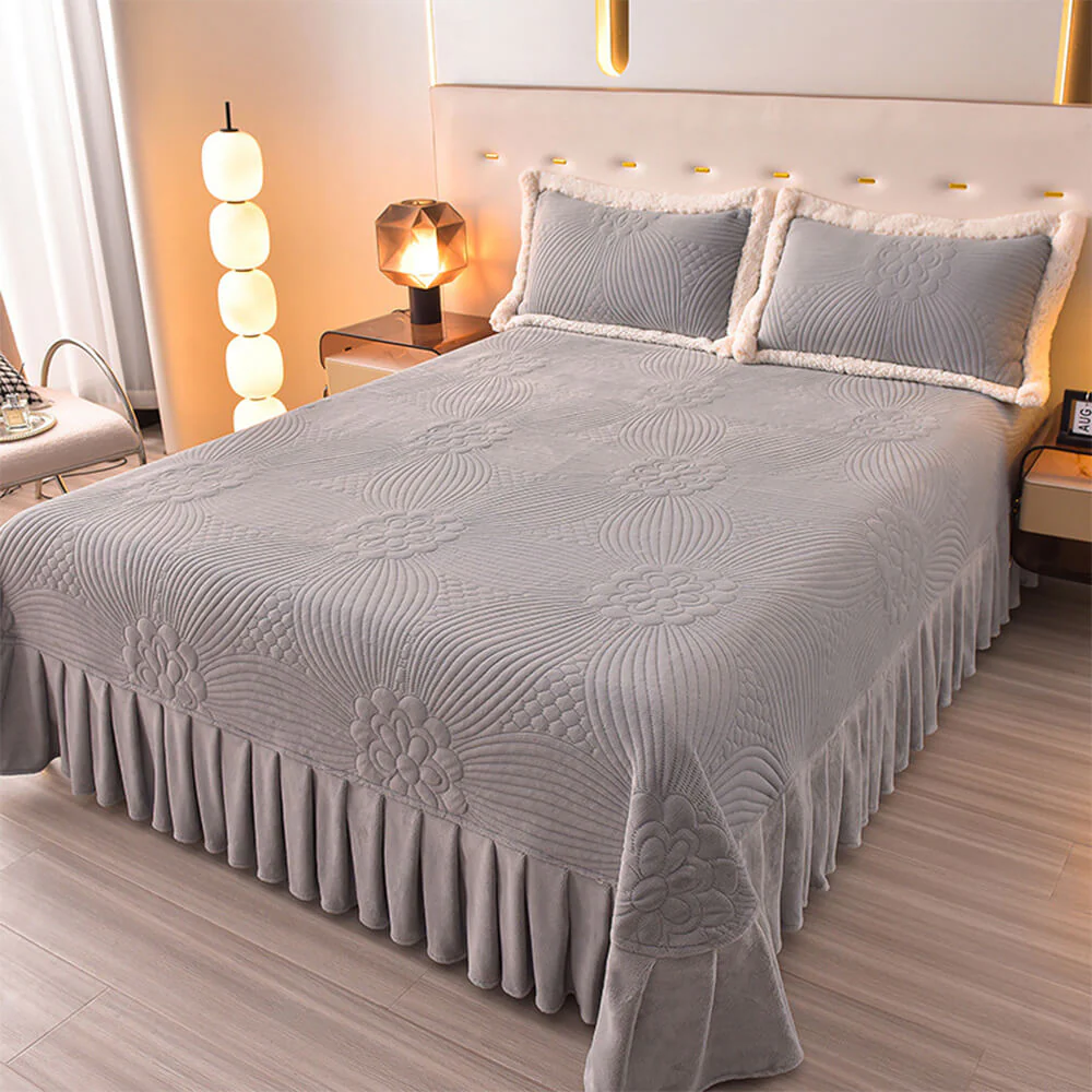 Floral Quilted Cosy Thickened Milk Fleece Bed Skirt Set - Image 29