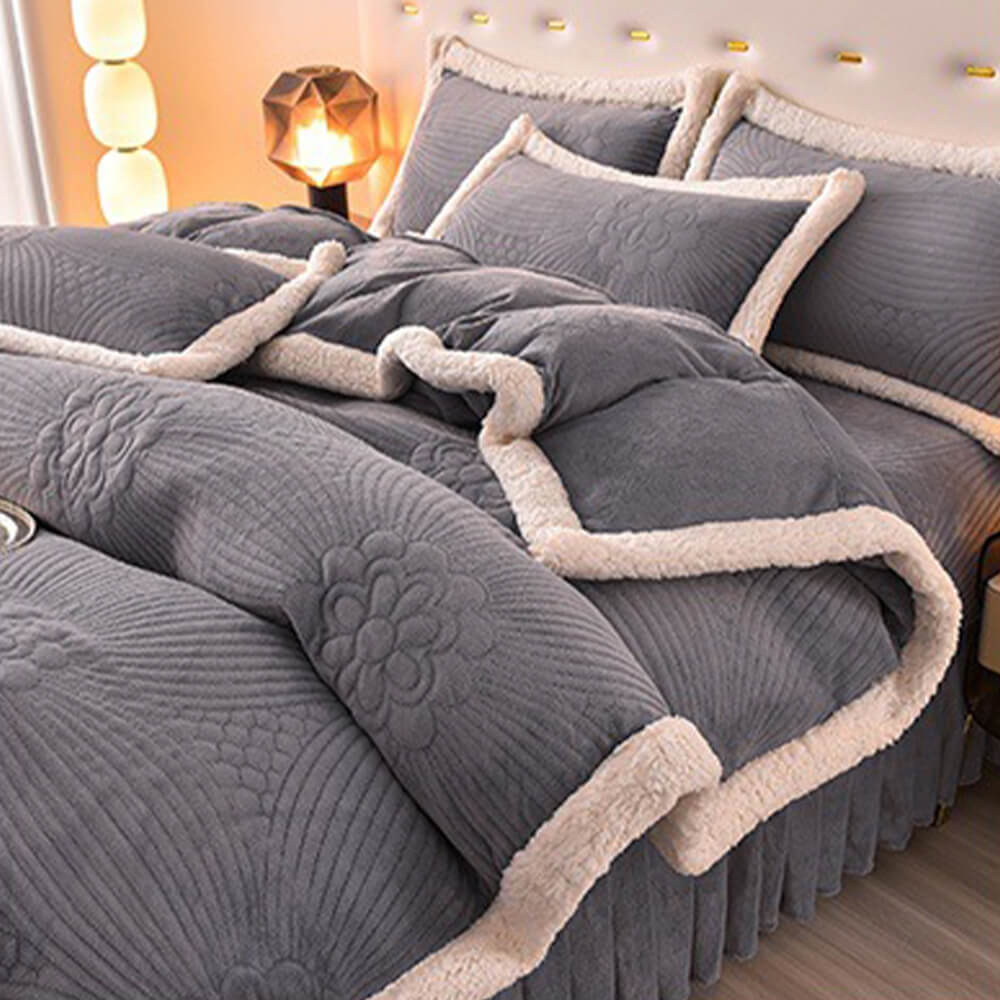 Floral Quilted Cosy Thickened Milk Fleece Bed Skirt Set - Image 30
