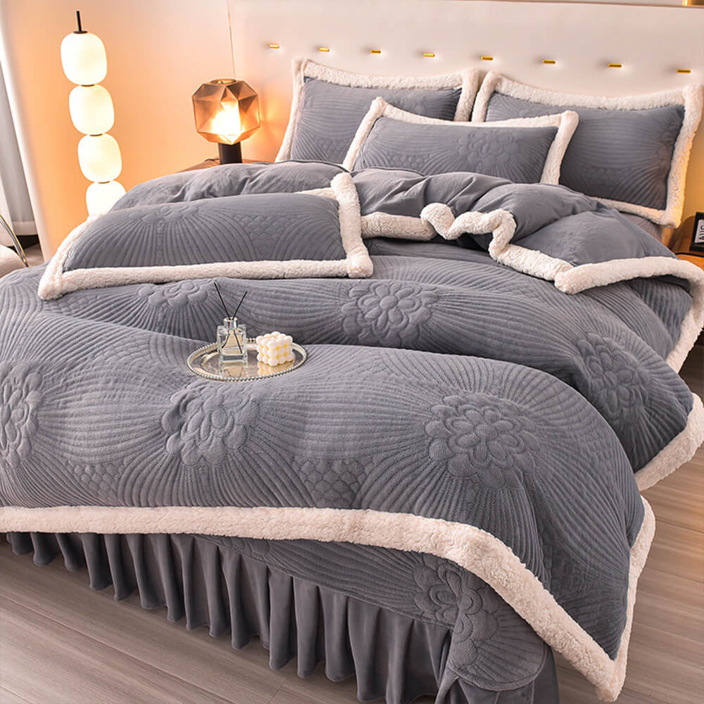 Floral Quilted Cosy Thickened Milk Fleece Bed Skirt Set - Image 31