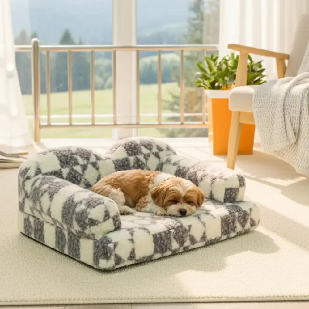 Geometric-Pattern Plush Thermal Removable And Washable Dog Bed - Image 3