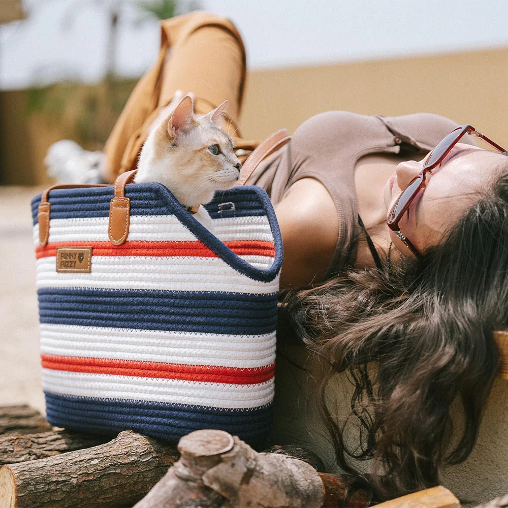 Handmade Lightweight Cotton Woven Beach Bag Pet Carrier- Summer Vacation - Image 22