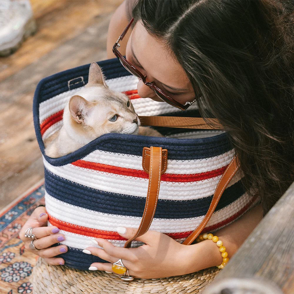 Handmade Lightweight Cotton Woven Beach Bag Pet Carrier- Summer Vacation - Image 23