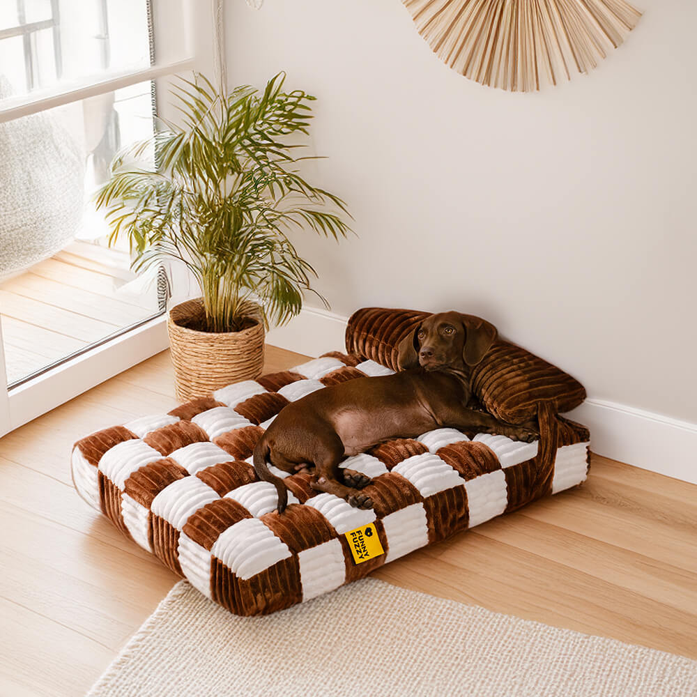 Handmade Plush Chequerboard Orthopaedic Support Dog Bed with Pillow - Image 10