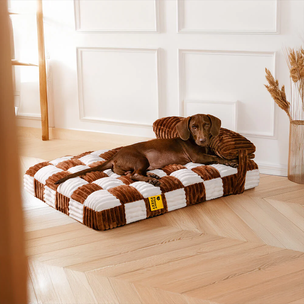 Handmade Plush Chequerboard Orthopaedic Support Dog Bed with Pillow - Image 13