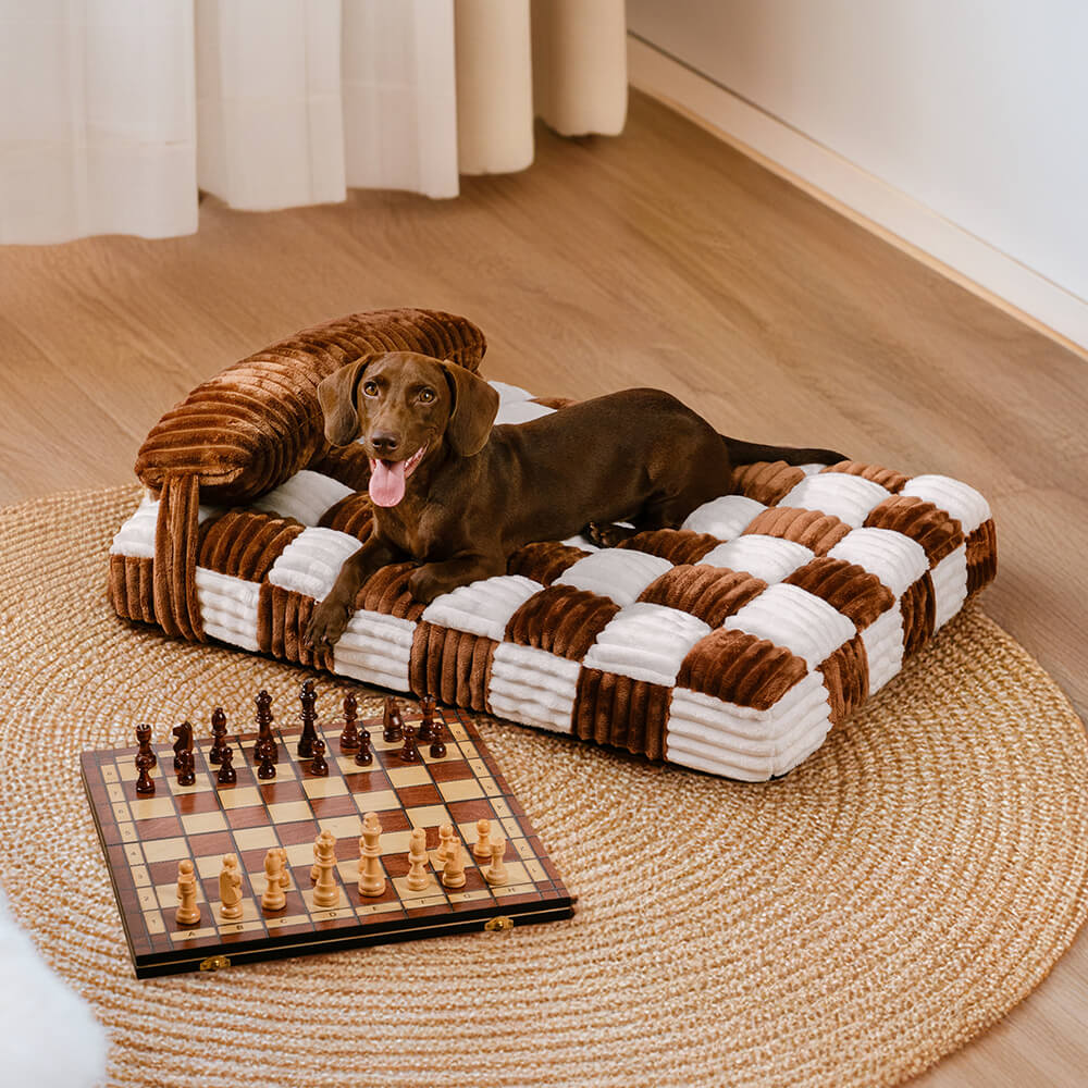 Handmade Plush Chequerboard Orthopaedic Support Dog Bed with Pillow - Image 3