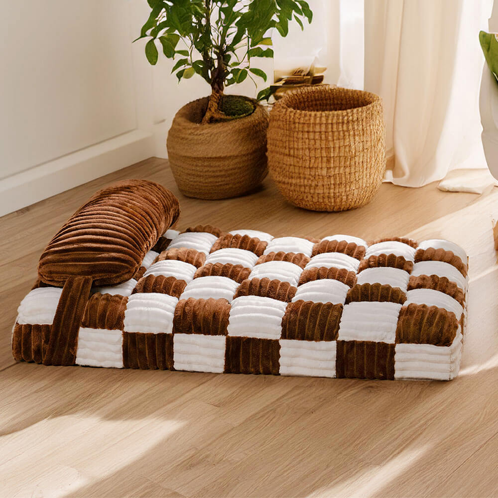 Handmade Plush Chequerboard Orthopaedic Support Dog Bed with Pillow - Image 5