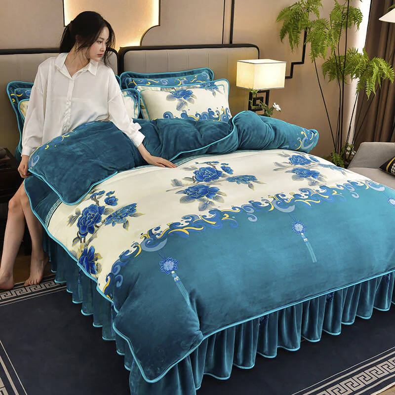 Homely Floral Milk Velvet Comfortable Bed Sheet Set With Bed Skirt - Image 8