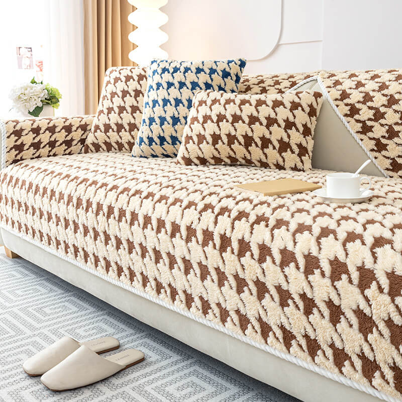 Houndstooth Plush Mat Furniture Protection Anti-Slip Couch Cover - Image 3