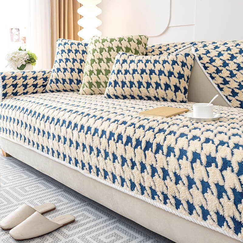 Houndstooth Plush Mat Furniture Protection Anti-Slip Couch Cover - Image 9