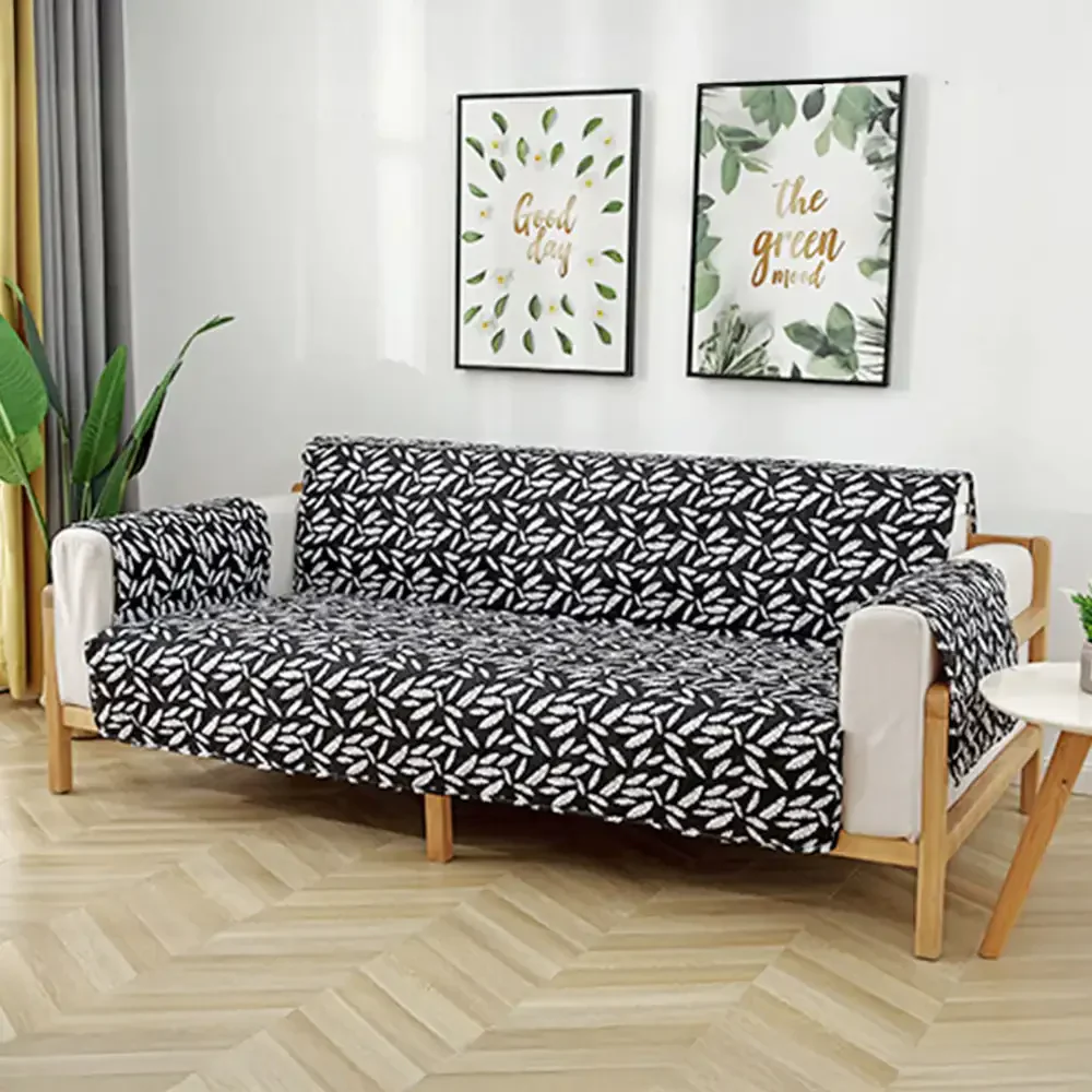 Leaf Print Quilted One-Piece Couch Cover with Non-Slip Elastic Straps - Image 3
