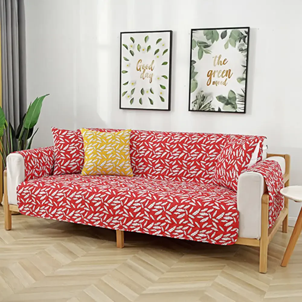 Leaf Print Quilted One-Piece Couch Cover with Non-Slip Elastic Straps - Image 4